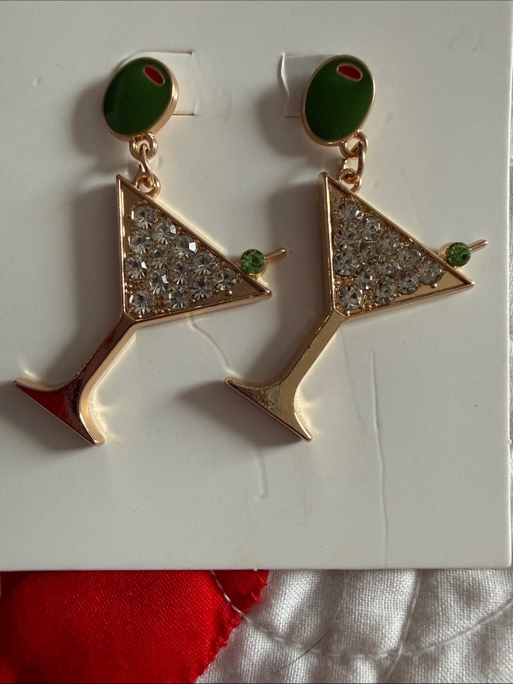 NWT 2” Gold-Tone Green Olive Martini Crystal Drop Earrings glitz